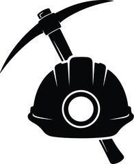 Vector silhouette mining helmet with pickaxe tool illustration