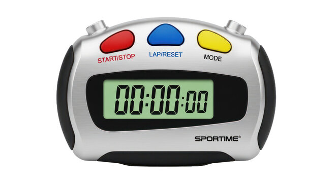 A digital timer with a digital display and buttons for start, stop, lap, and mode.