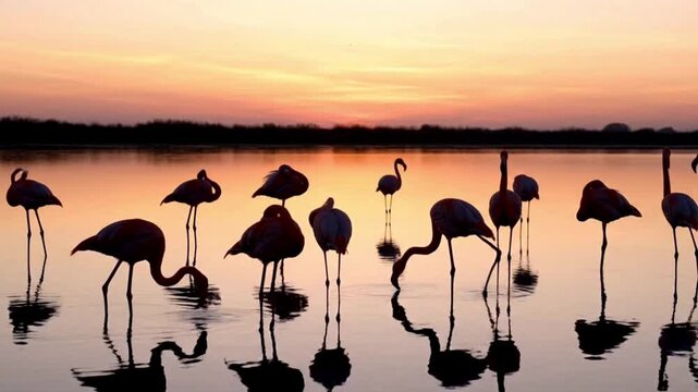 A group of flamingos standing together peacefully in a calm lake during sunset