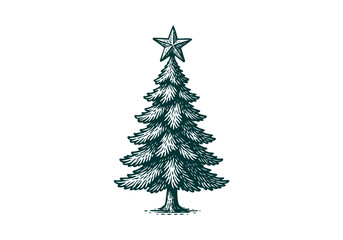 Christmas Tree hand drawn simple engraved vector illustration