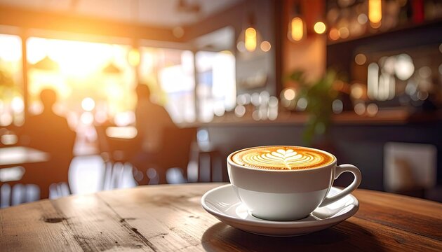 Latte Art Coffee on Wood Table with Cafe Interior Background and Warm Sunlight