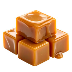 Four square, glistening, caramel-colored candies stacked, with a glossy, melted-like texture
