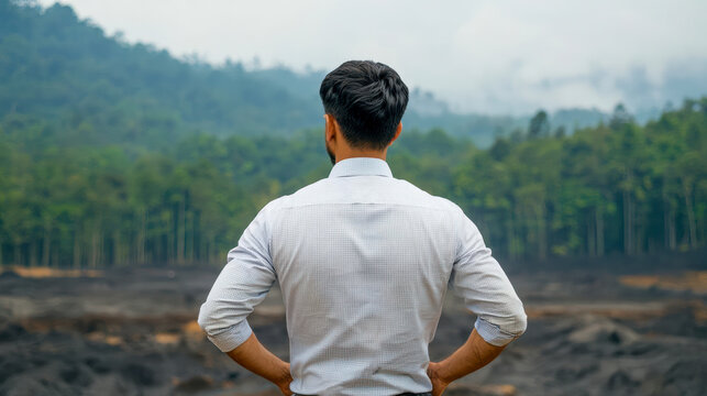 environmental conservation with forest preservation and green policy. Policy advisor showing deforestation data to support new environmental law