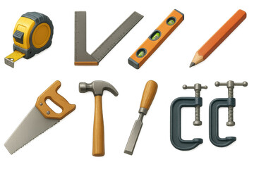 Set of essential hand tools including hammer, saw, level, and screwdriver