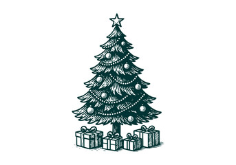 Fototapeta premium Christmas Tree hand drawn simple engraved vector illustration