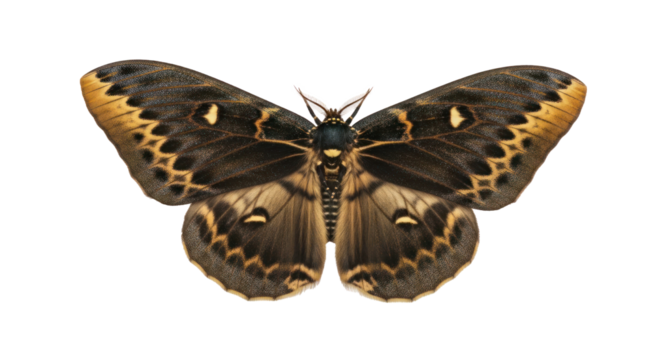 A large, dark brown moth with yellow and black markings on its wings, perched on a white surface.