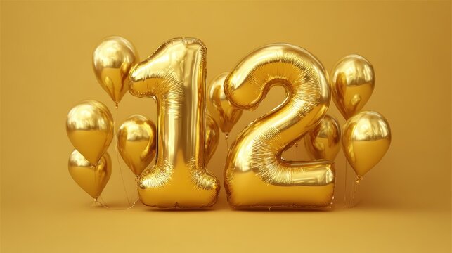 Two large golden balloons shaped like the number twelve stand in front surrounded by smaller golden balloons against a cheerful yellow backdrop creating a festive vibe. - Powered by Adobe