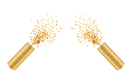 Festive explosion of two golden party poppers with shimmering confetti. A realistic 3D illustration for holidays and successful events, isolated on white