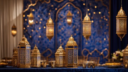 Obraz premium Golden lanterns of various sizes hang above a beautifully arranged table featuring intricate designs. A rich blue backdrop enhances the festive feel creating an inviting atmosphere.