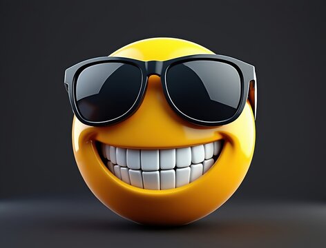Cool Smiling Yellow Emoji Face with Sunglasses Showing White Teeth on Dark Background