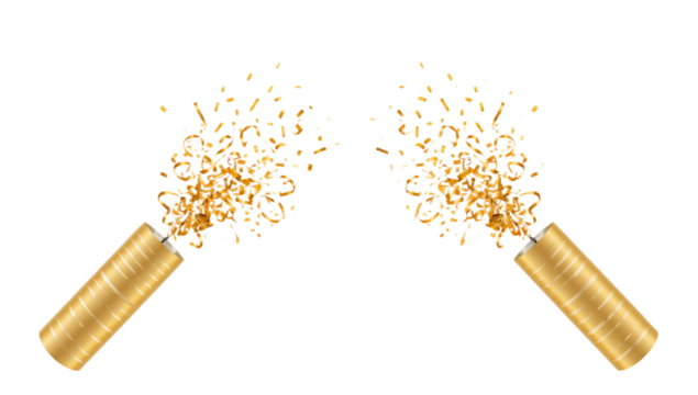 Festive explosion of two golden party poppers with shimmering confetti. A realistic 3D illustration for holidays and successful events, isolated on white