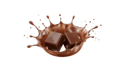 Decadent chocolate cubes splashing into rich, molten chocolate in a high-speed, studio-shot, hyperrealistic digital rendering