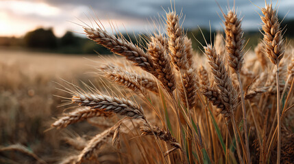 Fototapeta premium Peaceful close up of golden wheat field during beautiful sunset. This agricultural farm landscape evokes calm, serene feeling of bountiful summer harvest in rural countryside