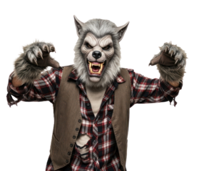 A werewolf in a plaid shirt and vest, with a white background.