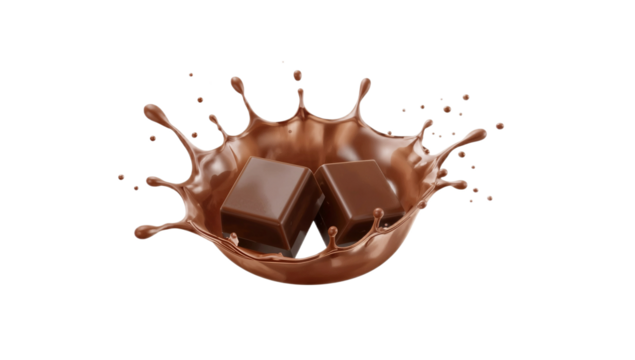 Decadent chocolate cubes splashing into rich, molten chocolate in a high-speed, studio-shot, hyperrealistic digital rendering