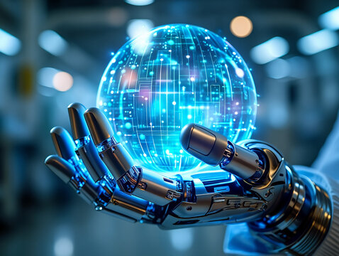 Premium robotic hand with glowing holographic globe and intricate circuitry details