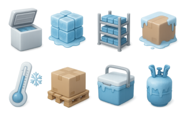 Cold storage and transportation icons: ice blocks, coolers, and thermometer