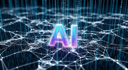 Abstract digital network with glowing ai text in the center