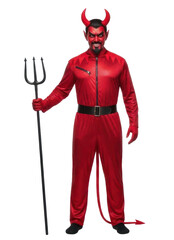 A man in a red devil costume with a trident and a tail.