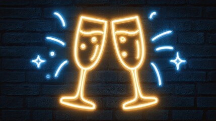 Glowing neon sign of two champagne glasses with bright golden light symbolizing party celebration and festive toast moment