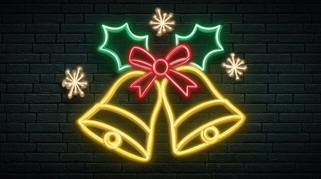 Glowing neon sign featuring two yellow Christmas bells with bright festive lights symbolizing joyful holiday celebration and winter season