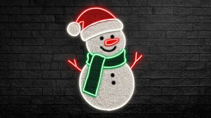Cheerful neon illustration of snowman with red nose and glowing winter holiday lights creating joyful festive atmosphere