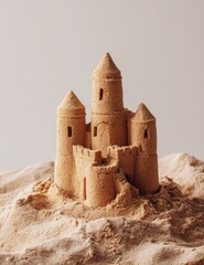 A detailed sandcastle, light beige, on a bed of sand