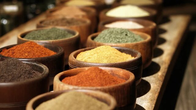 A collection of wooden bowls filled with colorful spices and herbs, arranged on a wooden surface