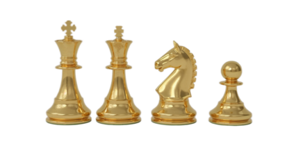 Golden Chess Set King, Queen, Knight, and Pawn. Luxurious Game Pieces on White Background