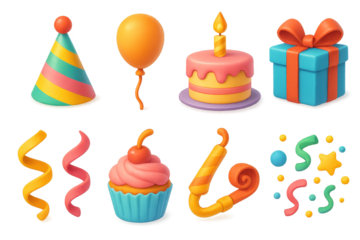 Colorful birthday celebration icons: hat, balloon, cake, gift, cupcake, and decorations