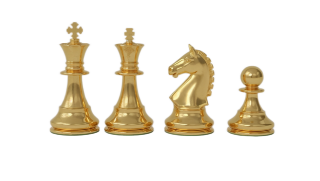 Golden Chess Set King, Queen, Knight, and Pawn. Luxurious Game Pieces on White Background