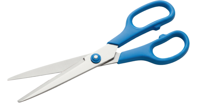 A pair of blue-handled scissors with stainless steel blades on a white background.