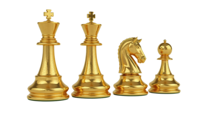 Luxurious golden chess pieces, including majestic kings, an elegant knight, and a strategic pawn, rendered with vivid realism on a pristine white background, symbolizing power and intellect