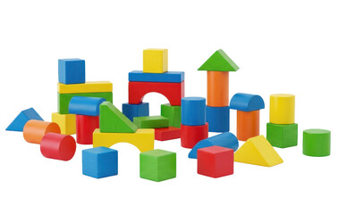 Obraz premium A colorful collection of wooden building blocks on a white background.