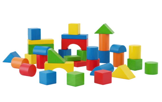 A colorful collection of wooden building blocks on a white background.
