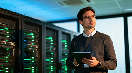 An IT professional is examining server equipment in a data center, focusing on the technology and infrastructure.