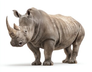 Obraz premium White rhinoceros in profile against a white background. A large, gray rhino, with a single horn, stands facing forward. Visible detail includes its skin texture and large size