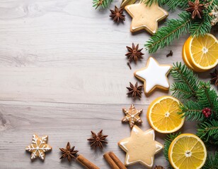 christmas decoration on wooden background with spices, orange, biscuit