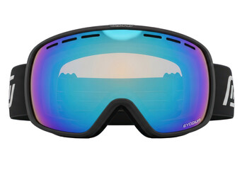 A pair of black ski goggles with blue lenses and white text on the side.