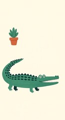Cartoon Alligator and Cactus Illustration on Beige Background.