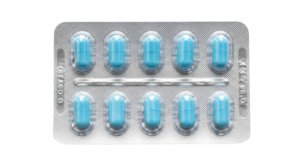 A blue capsule blister pack with blue pills inside.