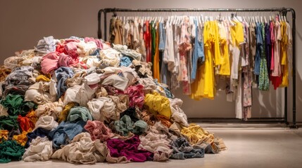A pile of clothes is on the floor next to a rack of clothes. The clothes are all different colors and styles, and the pile is quite large