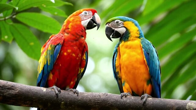 Two bright macaws sitting close together on a tree branch in tropical jungle light