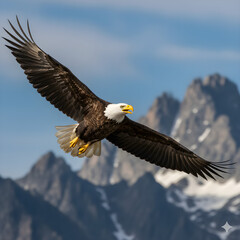 Obraz premium Bald Eagle In Flight Over Alpine Mountains With Majestic Wings Spread