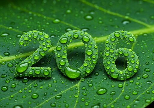 Green water droplet numbers 206 on wet leaf surface nature design