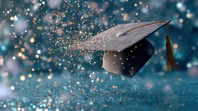 Golden graduation cap dangling tassel suspended over twinkling gold glitter, blurred teal backdrop highlighting and success milestone moment academic