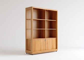 Light-brown wooden bookcase with adjustable shelves.  Empty display unit against a plain white background.  Clean lines, simple design.  Concealed storage