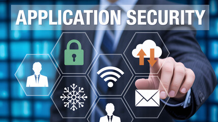 Application security concept with icons and a person in a suit touching a digital interface