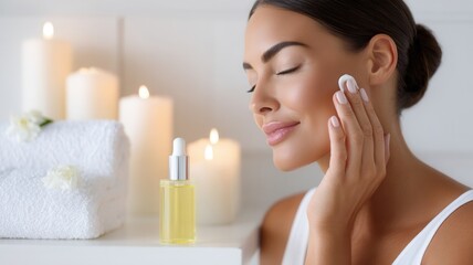 Young woman applying skincare product to her face, eyes closed. She has a serene expression a setting candles with spa