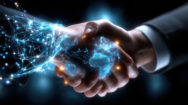 Two hands shaking, forming a digital world map a network of glowing lines, representing partnership global and technology - Powered by Adobe